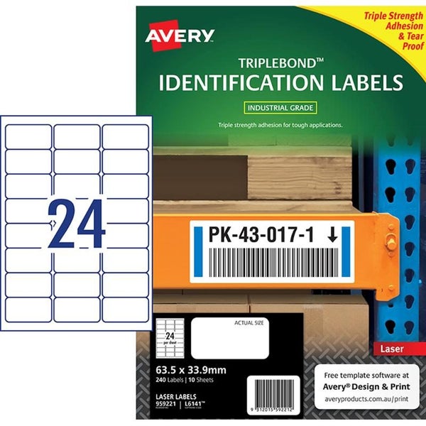 Avery Triplebond Label L6141 White Laser 63.5x33.9mm 24up 10 Sheets Carousel 2