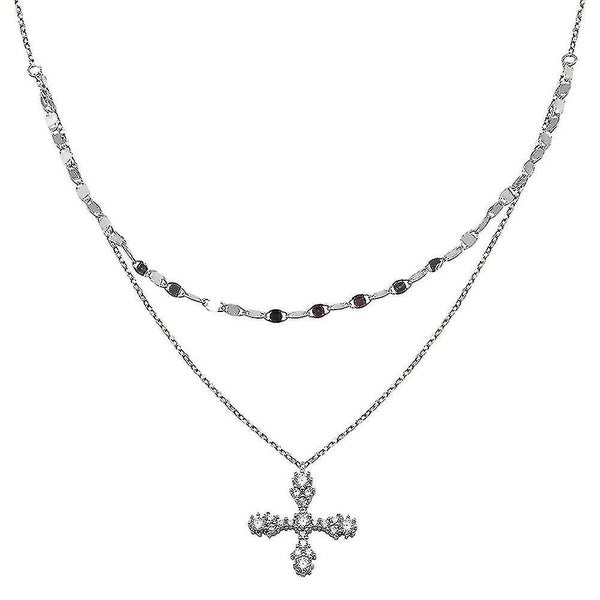Silver Plating Double Layer Cross Necklace For Women Shiny Clavicle Chain Neckla Carousel 1