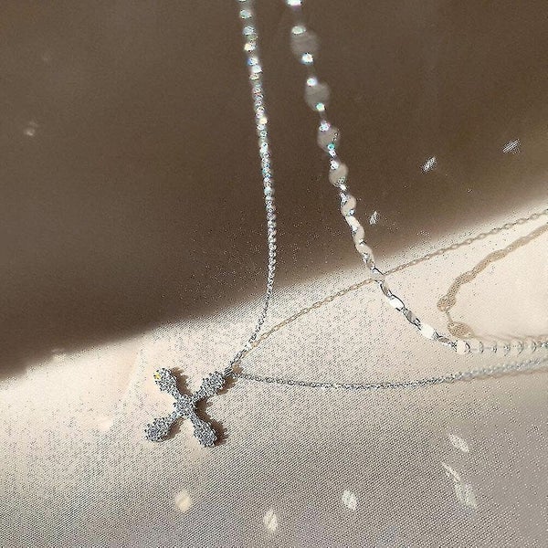 Silver Plating Double Layer Cross Necklace For Women Shiny Clavicle Chain Neckla Carousel 2