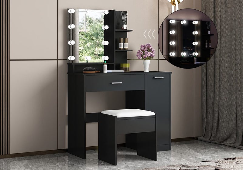 Dressing Table Dresser Makeup Vanity Table Stool Set with Mirror&LED Light Carousel 1