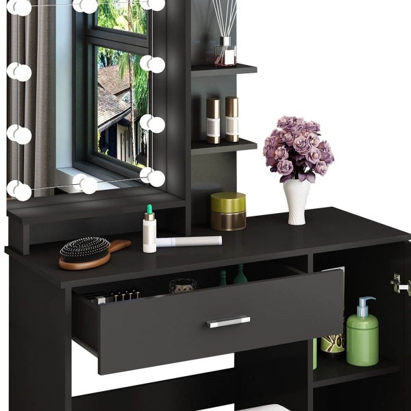 Dressing Table Dresser Makeup Vanity Table Stool Set with Mirror&LED Light Carousel 15