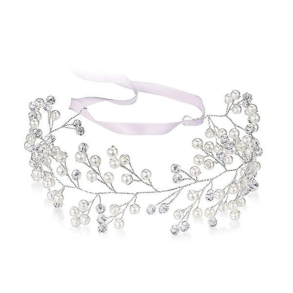 Bride Wedding Headband Silver Crystal Pearl Hair Vine Braid Headpiece Bridal Hai Carousel 1