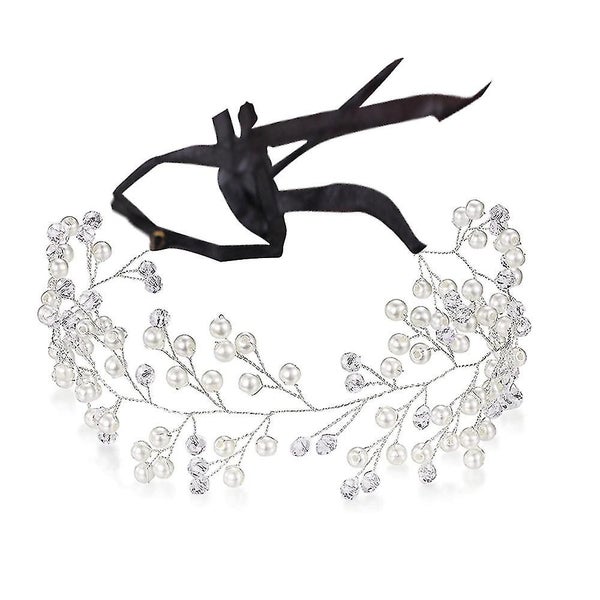 Bride Wedding Headband Silver Crystal Pearl Hair Vine Braid Headpiece Bridal Hai Carousel 2