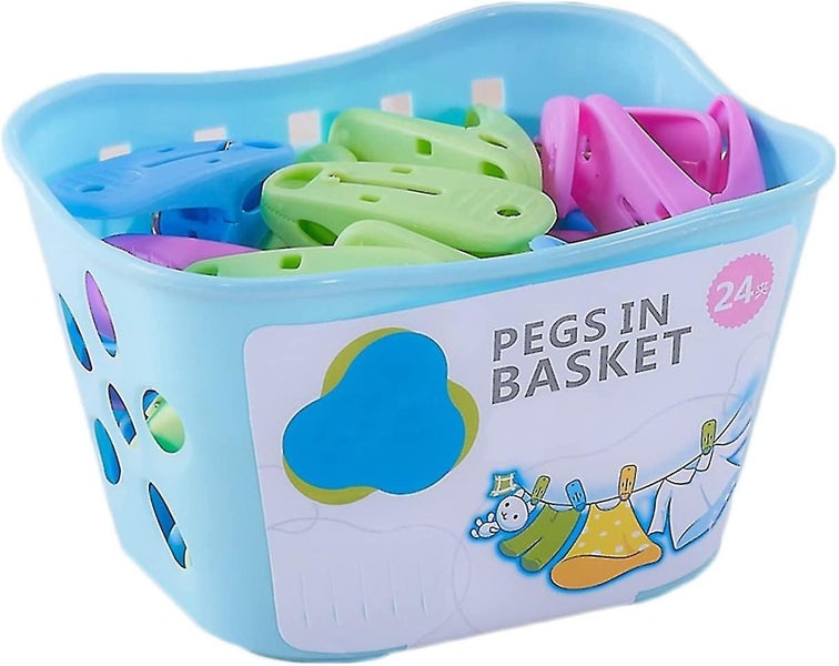 24 Pack Clothes Pins Pegs With Basket Assorted Colors Plastic Windproof Strong D Carousel 1