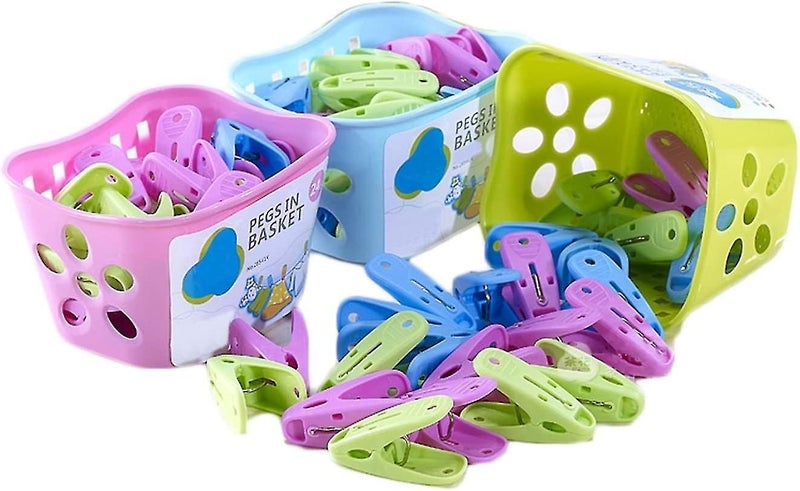 24 Pack Clothes Pins Pegs With Basket Assorted Colors Plastic Windproof Strong D Carousel 2