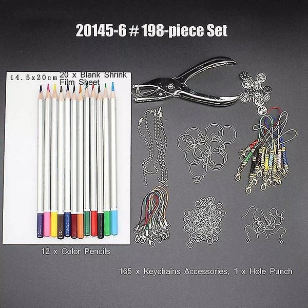 198 Pcs Shrinky Art Paper Heat Shrink Sheet Plastic Kit Hole Punch Keychains Pen Carousel 2