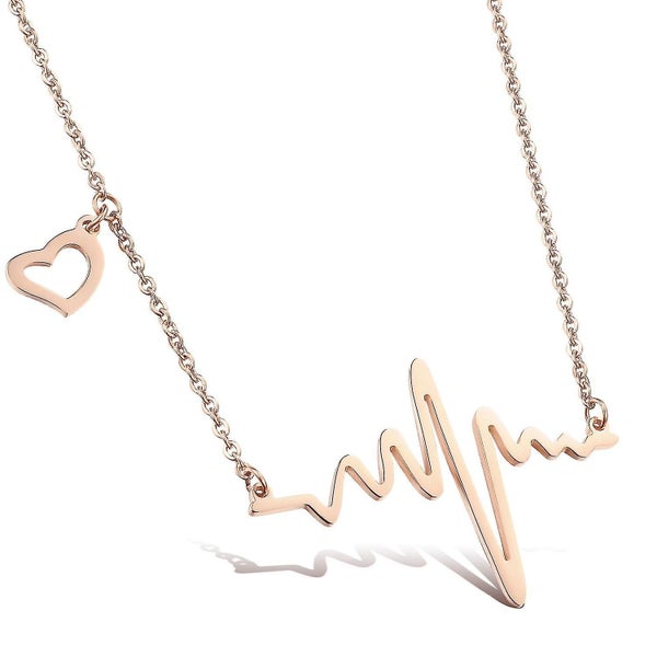 Elegant Womens Stainless Steel Heart &amp; Heartbeat Pendant Necklace Rose Gold Carousel 1