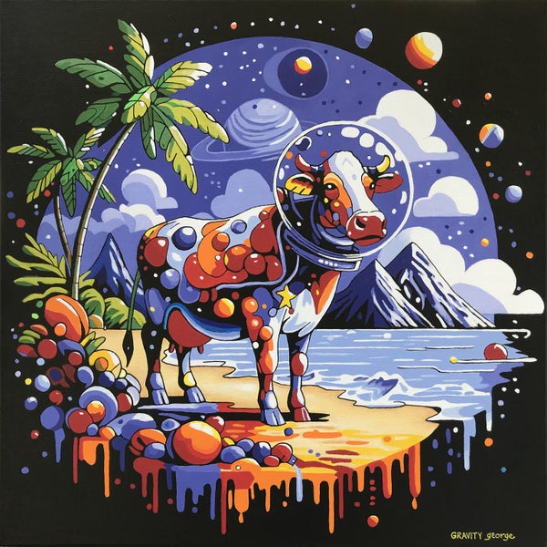 Space Cow on Beach – original painting by Gravity George Carousel 1
