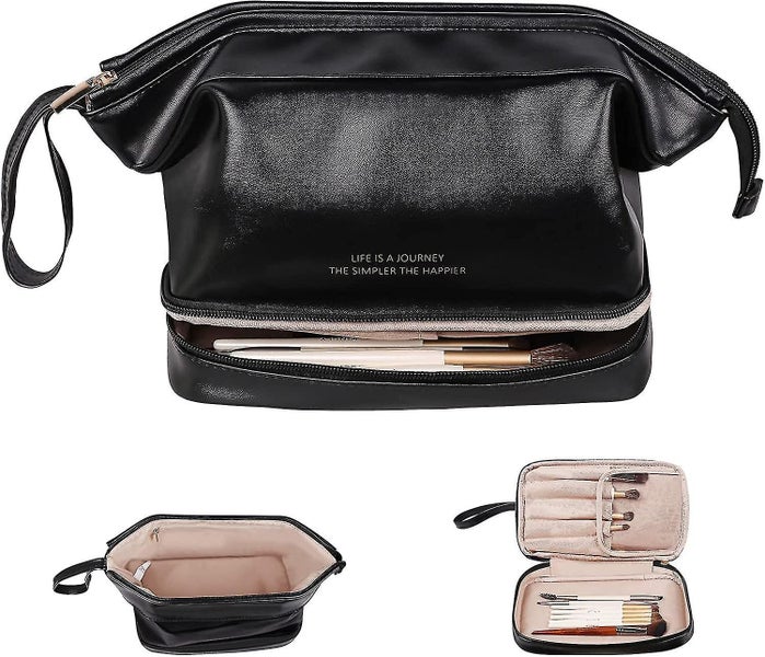 Cosmetic Bag Portable Leather Makeup Bag Double Layer Large Cosmetic Bag Trave Carousel 1