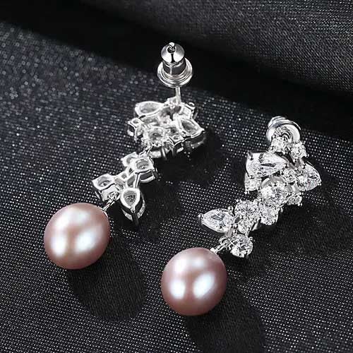 Silver Pearl Drop Earrings "Charlotte" (Grape) Carousel 1