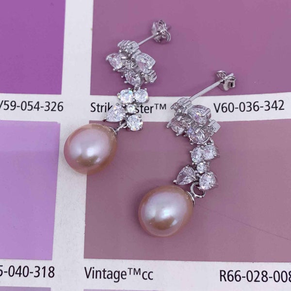 Silver Pearl Drop Earrings "Charlotte" (Grape) Carousel 2