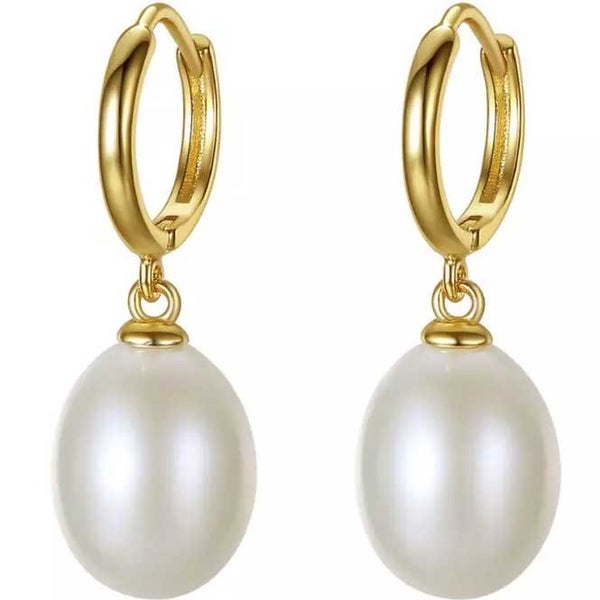 18K Gold Drop Hoop Pearl Earrings "Darla" (White) Carousel 1