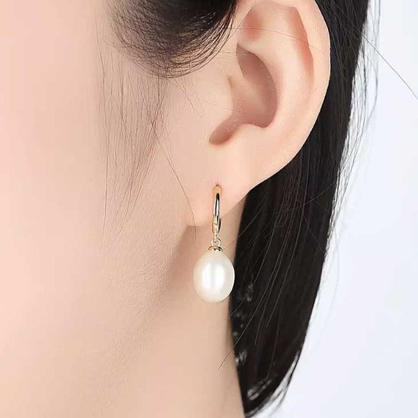 18K Gold Drop Hoop Pearl Earrings "Darla" (White) Carousel 2