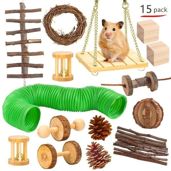Hamster Chew Toys pet Natural Wooden Dumbbells Ex ercise Bell Roller Tunnel Tu Carousel 1