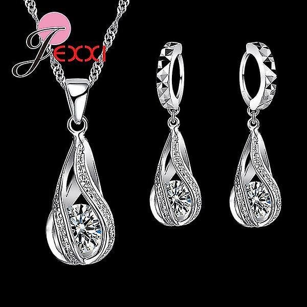 925 Sterling Silver Classic Drop Shape White Crystal Jewelry Sets Water Wave Nec Carousel 1