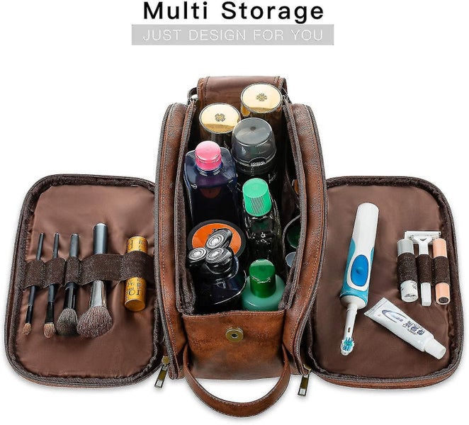 Water-resistant Leather Toiletry Bag For Men Large Travel Wash Bag Shaving Dop Carousel 2