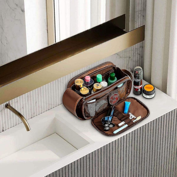 Water-resistant Leather Toiletry Bag For Men Large Travel Wash Bag Shaving Dop Carousel 5