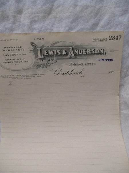 Antique NZ Letterhead NZ - Lewis & Anderson - Christchurch Carousel 1