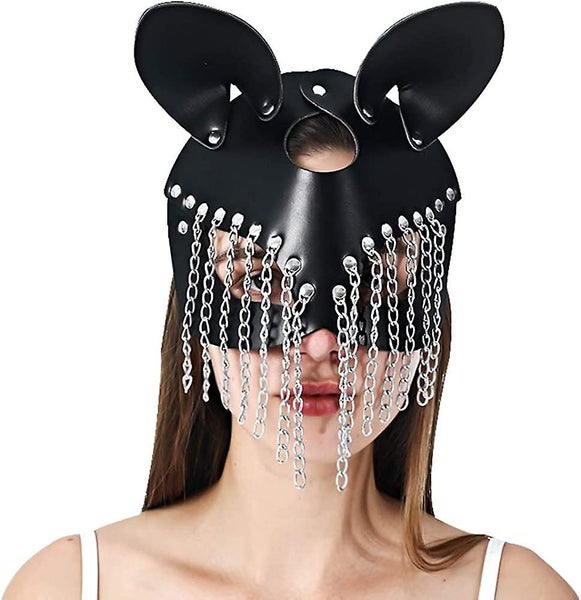 Black Leather Cat Woman Mask Masquerade Adjustable Head Mask,cat Ears With Rivet Carousel 1