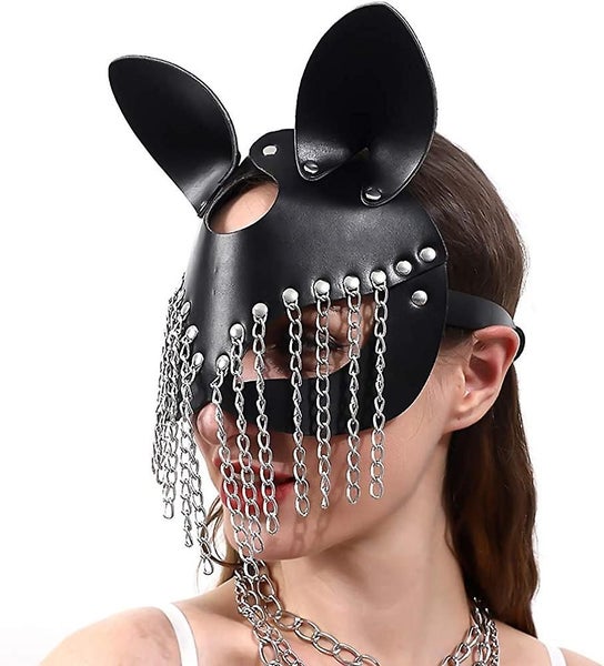 Black Leather Cat Woman Mask Masquerade Adjustable Head Mask,cat Ears With Rivet Carousel 2