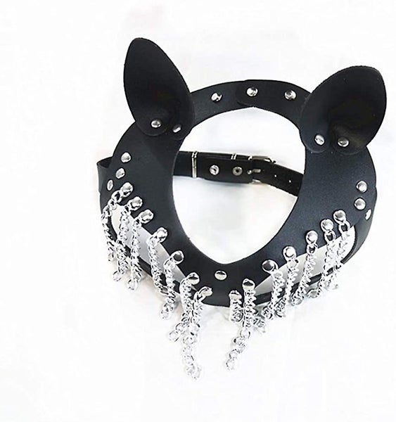 Black Leather Cat Woman Mask Masquerade Adjustable Head Mask,cat Ears With Rivet Carousel 5