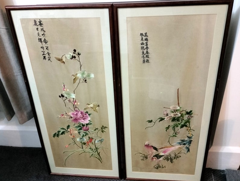 Large Original Vintage Silk Embroidery Picture of Birds and Flowers Carousel 7