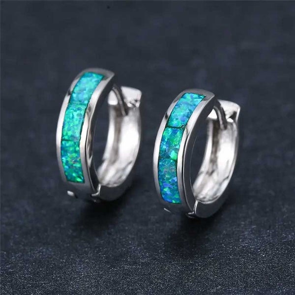 Silver Huggie Opal Earrings "Lopaz" (Green) Carousel 2