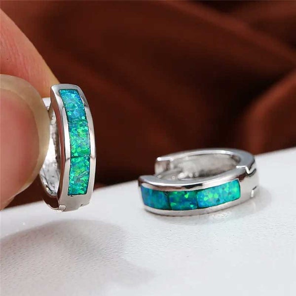 Silver Huggie Opal Earrings "Lopaz" (Green) Carousel 5