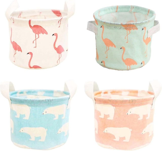 Set of 4 Mini Round Storage Baskets - Foldable Linen Fabric Desk Tidy Storage wi Carousel 1