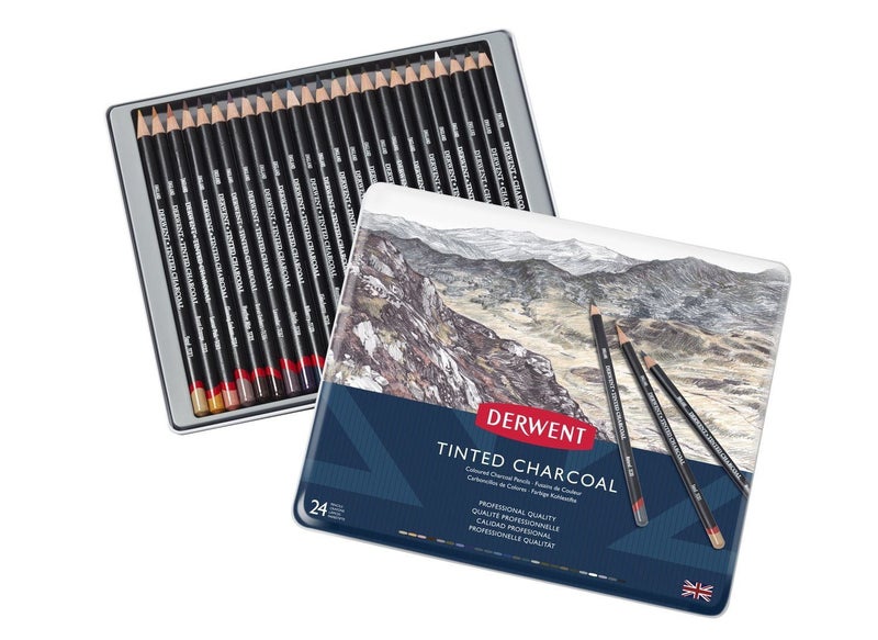 Derwent Tinted Charcoal Pencils - 24 Pencils Set in Metal Tin (2301691) Carousel 1