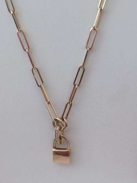 14ct Gold and Diamonds Padlock Paperclip Necklace Carousel 2