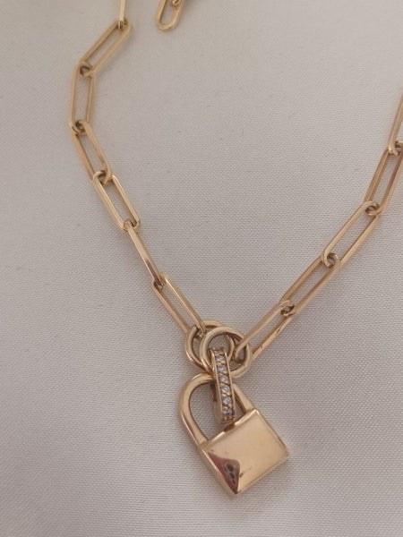 14ct Gold and Diamonds Padlock Paperclip Necklace Carousel 1