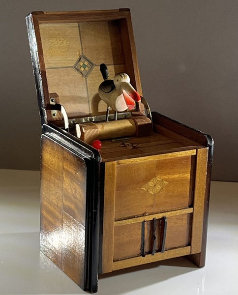 Mechanical Cigarette Dispenser Box with Marquetry Inlay & Bird – c1930s Carousel 1