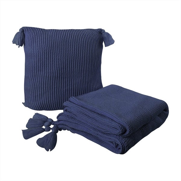Dreamz Knitting Throw Blanket Cushion Set Pillow Tassel Fringe Sofa Bed Rug Navy Carousel 1