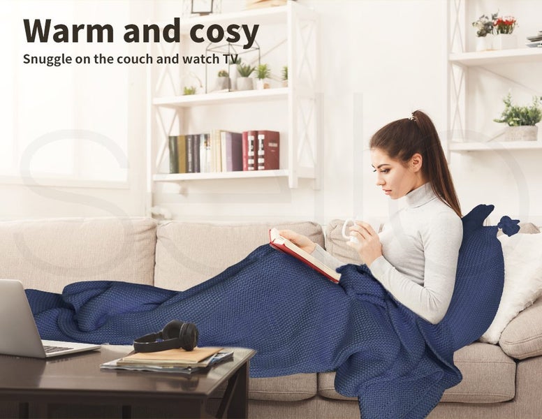 Dreamz Knitting Throw Blanket Cushion Set Pillow Tassel Fringe Sofa Bed Rug Navy Carousel 2