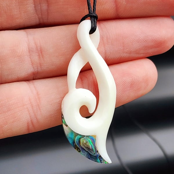Natural Hand Carved Maori Bone Carving Pendant Necklace - Koru Twist With Pau... Carousel 1