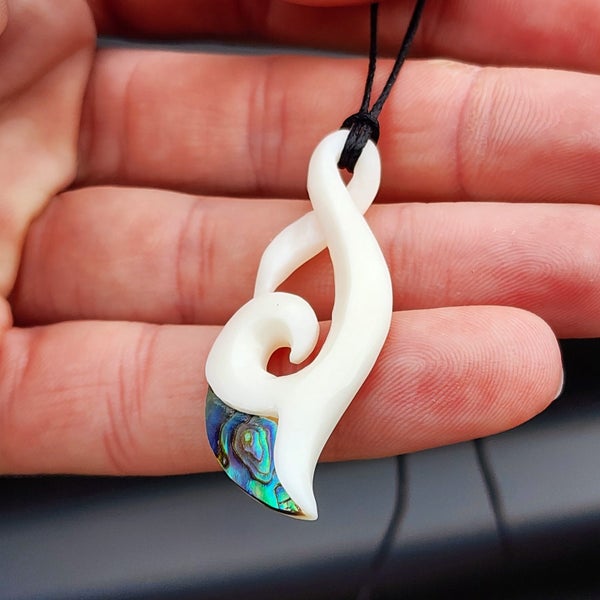 Natural Hand Carved Maori Bone Carving Pendant Necklace - Koru Twist With Pau... Carousel 2