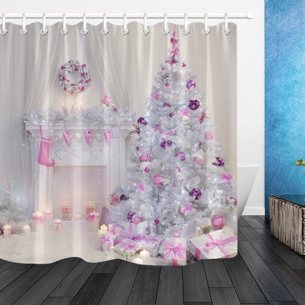Christmas Tree Interior Xmas Fireplace Pink Decorated Indoors Shower Curtain Bat Carousel 1