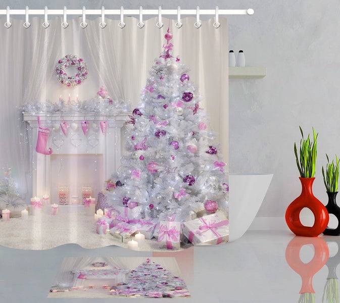 Christmas Tree Interior Xmas Fireplace Pink Decorated Indoors Shower Curtain Bat Carousel 2