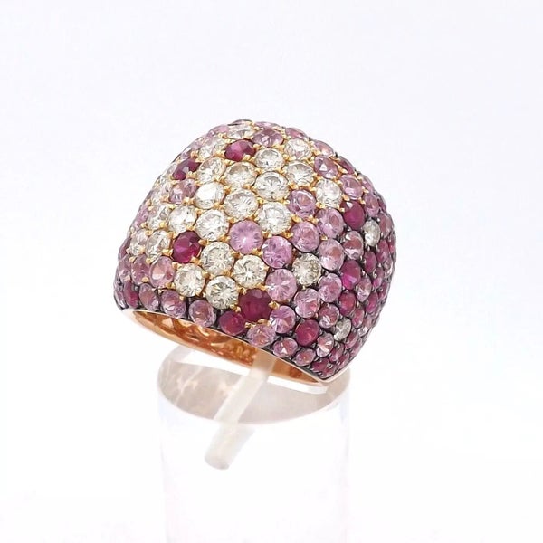 Solid 18k Rose Gold Diamond Ruby and Pink Sapphire Wide Band Ring Carousel 2