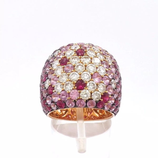 Solid 18k Rose Gold Diamond Ruby and Pink Sapphire Wide Band Ring Carousel 7