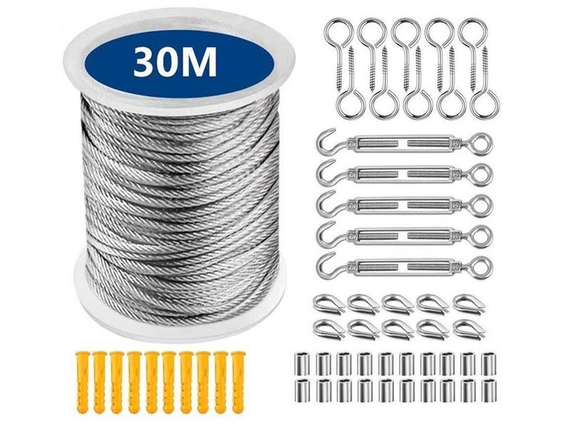 30M Stainless Steel Wire Rope Cable Kit Hooks Hanging Garden Railing Roll Carousel 1