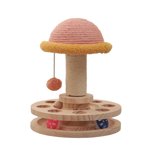 Elosung Large Pink Interactive Cat Scratching Post With Ball Track Fun Mushroom Carousel 1