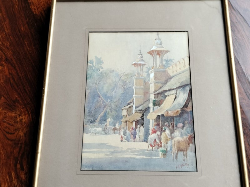 "Caravanserai, Bombay" an Original Antique Watercolour by E.E. Strutton Carousel 2