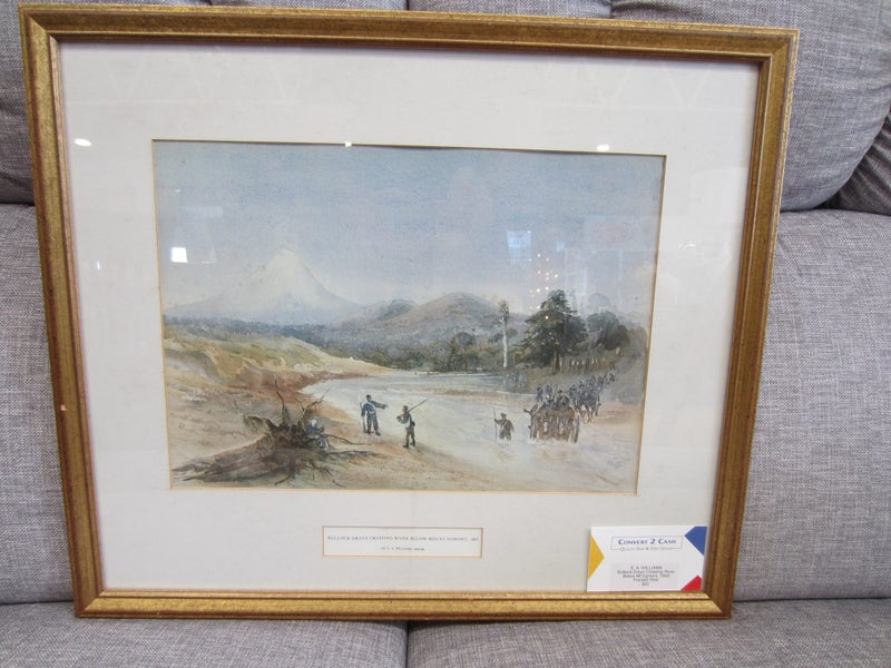 E.A.Williams, 'Bullock Drays Crossing River Below Mt Egmont, 1863' Carousel 1