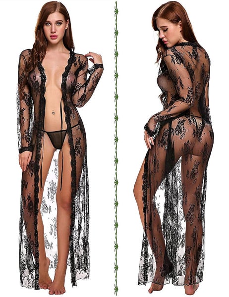 Women's Lace Kimono Robe Babydoll Lingerie Mesh Nightgown Carousel 1