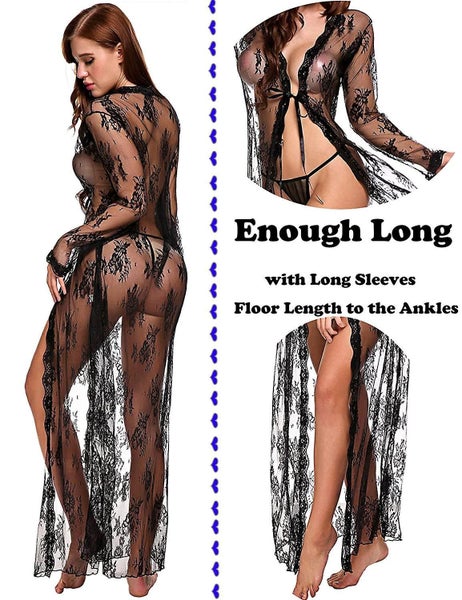 Women's Lace Kimono Robe Babydoll Lingerie Mesh Nightgown Carousel 4