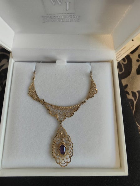 9CT GOLD FILIGREE NECKLACE AND PENDANT WITH AMETHYST Carousel 1