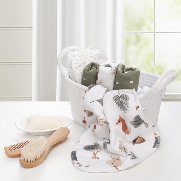 4pc Living Textiles Infant Baby Cotton Wash Cloths Forest Retreat Olive Dots Carousel 2
