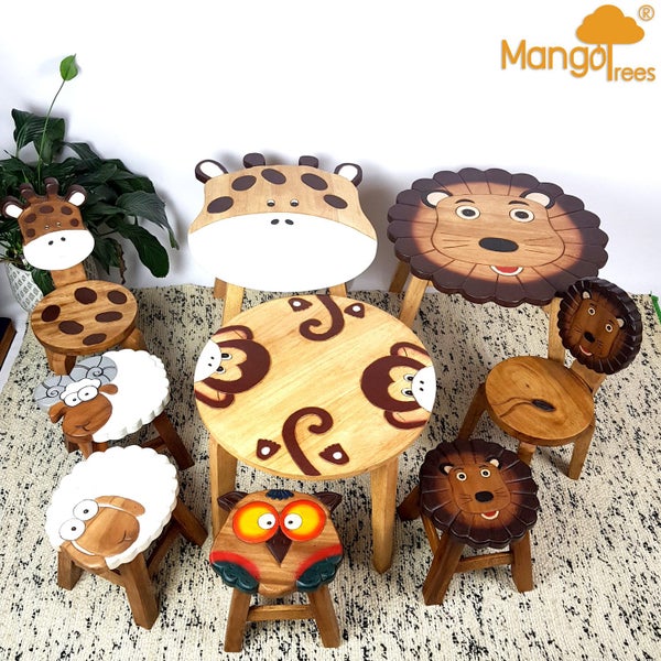Kids Wooden Table + 2 Stool Set Lion Design MANGO TREES Timber Children Furnitur Carousel 9